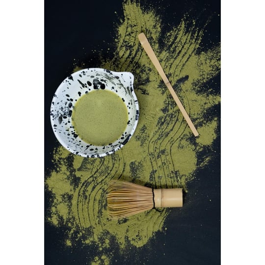 Beige & Stone Seramik Mat Siyah Benekli Matcha Kase Ve Whisk Tutacağı Set