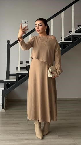 Bej Kalın Askılı Kloş Elbise-Bluz Takım - Bedenler: S, M, L