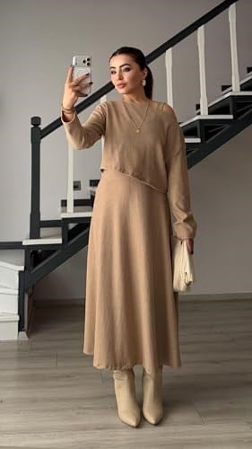 Bej Kalın Askılı Kloş Elbise-Bluz Takım - Bedenler: S, M, L