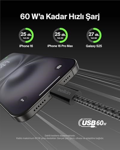 Belkin 2li Örgülü USB-C - USB-C Kablo, 1,5 m, 60 W – Yumuşak, Esnek ve Hızlı Şarj Kablosu, iPhone 17 ve 16 Serisi, Galaxy S25, Pixel 10, iPad Pro ve Daha Fazlasıyla Uyumlu, Siyah