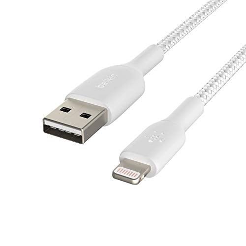 Belkin Örgülü Lightning Kablosu (iPhone, iPad, AirPods için Boost Charge Lightning/USB Kablosu) MFi Sertifikalı iPhone Şarj Cihazı, Örgülü Lightning Kablosu (2m, Beyaz) - Seçenekler: 1 metre, 2 metre