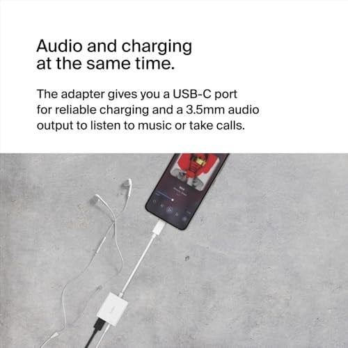 Belkin RockStar™ 3,5 mm Ses + USB-C® Şarj Adaptörü, USB-C 60W Güç Dağıtımlı Kulaklık Adaptörü iPhone 15, iPad Pro, Galaxy, Note, Google Pixel, LG, Sony Xperia ve Daha Fazlası İçin Hızlı Şarj - Beyaz