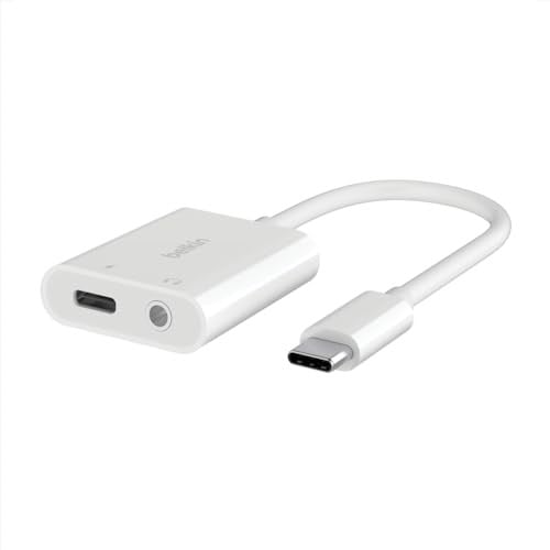Belkin RockStar™ 3,5 mm Ses + USB-C® Şarj Adaptörü, USB-C 60W Güç Dağıtımlı Kulaklık Adaptörü iPhone 15, iPad Pro, Galaxy, Note, Google Pixel, LG, Sony Xperia ve Daha Fazlası İçin Hızlı Şarj - Beyaz