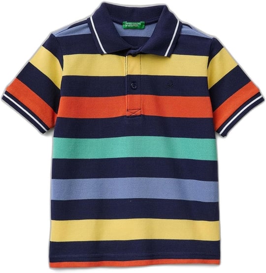 Benetton Erkek Çocuk Açık Mix Çizgili Logo Nakışlı Polo Yaka Küçük Çocuk T-Shirt