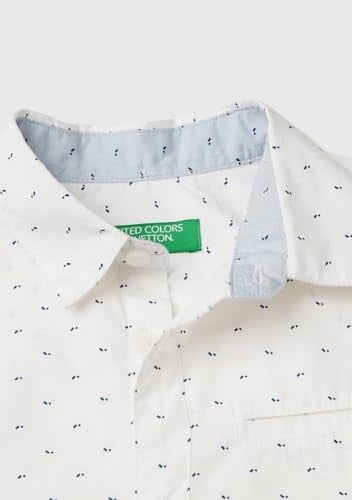 Benetton Erkek Çocuk Beyaz Göğsü Cep Detaylı Mikro Desenli Uzun Kollu Poplin Gömlek