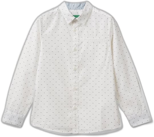 Benetton Erkek Çocuk Beyaz Göğsü Cep Detaylı Mikro Desenli Uzun Kollu Poplin Gömlek