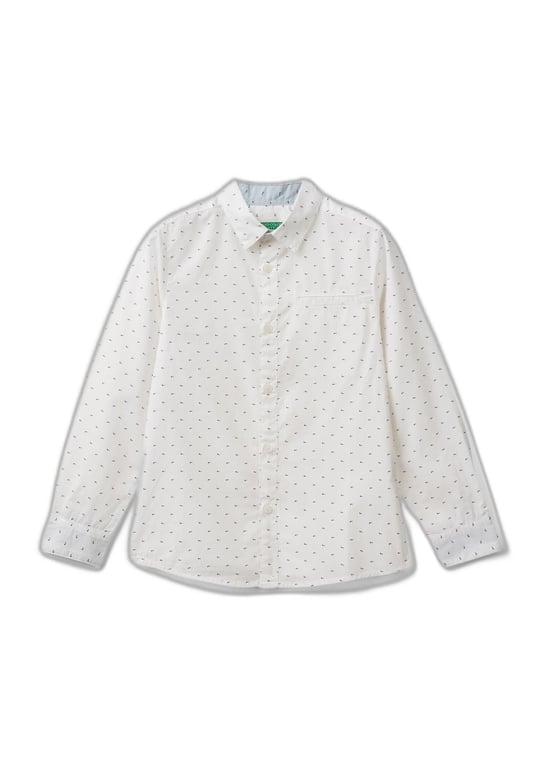 Benetton Erkek Çocuk Beyaz Göğsü Cep Detaylı Mikro Desenli Uzun Kollu Poplin Gömlek