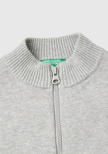 Benetton Erkek Çocuk Gri Melanj Etek Ucu Logo Detaylı Fermuarlı Dik Yaka Hırka