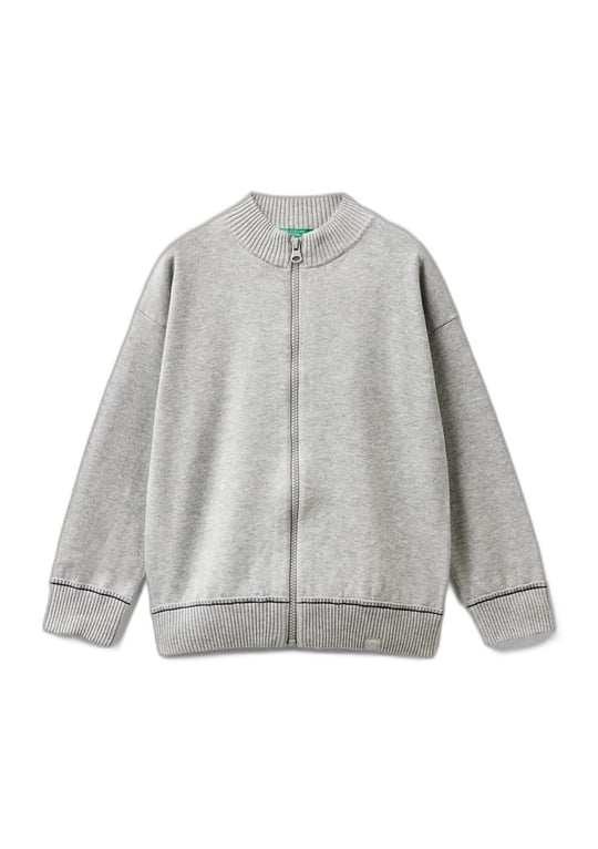 Benetton Erkek Çocuk Gri Melanj Etek Ucu Logo Detaylı Fermuarlı Dik Yaka Hırka
