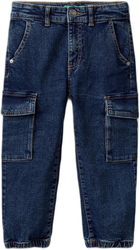 Benetton Erkek Çocuk Lacivert Yama Cepli Kemer Delikli Slim Fit Denim Kargo Pantolon