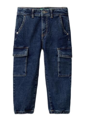 Benetton Erkek Çocuk Lacivert Yama Cepli Kemer Delikli Slim Fit Denim Kargo Pantolon