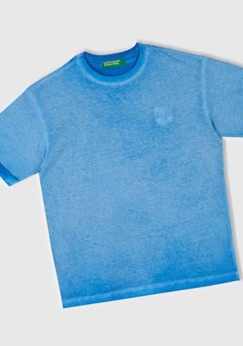 Benetton Erkek Çocuk Saks Mavi Soluk Efektli Logo İşlemeli Oversize T-Shirt