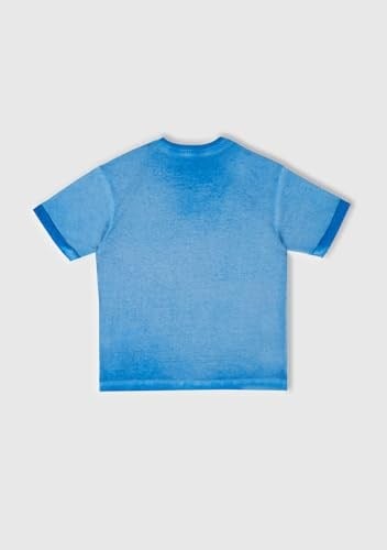 Benetton Erkek Çocuk Saks Mavi Soluk Efektli Logo İşlemeli Oversize T-Shirt