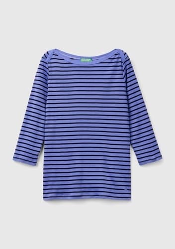 Benetton Kadın Mavi%100 Pamuk Sol Altı Logolu Uzun Kollu Kayık Yaka T-Shirt
