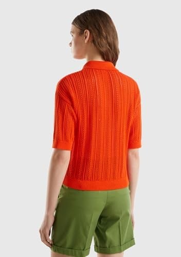 Benetton Kadın Nar Çiçeği%100 Pamuk Tığ İşi Kolları Büzgülü Polo Yaka Triko T-Shirt