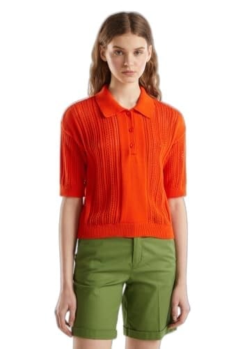 Benetton Kadın Nar Çiçeği%100 Pamuk Tığ İşi Kolları Büzgülü Polo Yaka Triko T-Shirt
