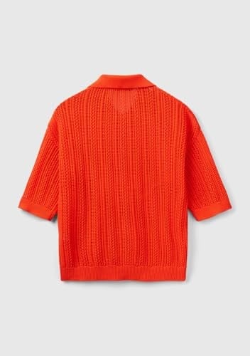Benetton Kadın Nar Çiçeği%100 Pamuk Tığ İşi Kolları Büzgülü Polo Yaka Triko T-Shirt