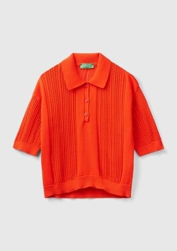 Benetton Kadın Nar Çiçeği%100 Pamuk Tığ İşi Kolları Büzgülü Polo Yaka Triko T-Shirt