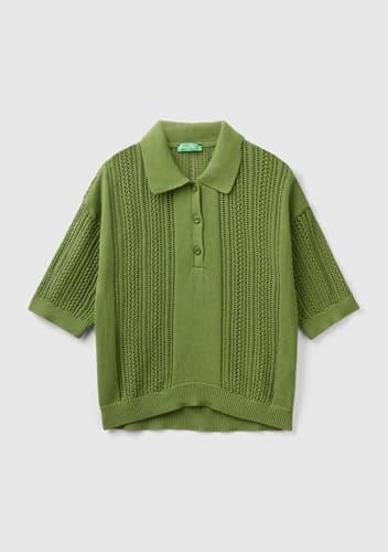 Benetton Kadın Soluk Yeşil%100 Pamuk Tığ İşi Kolları Büzgülü Polo Yaka Triko T-Shirt