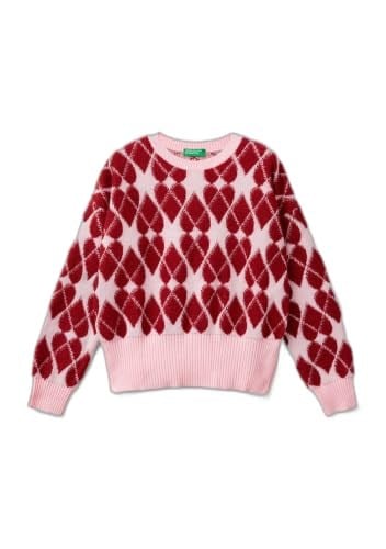 Benetton Kız Çocuk Açık Pembe Tamamı Desenli Jakarlı Bisiklet Yaka Kazak
