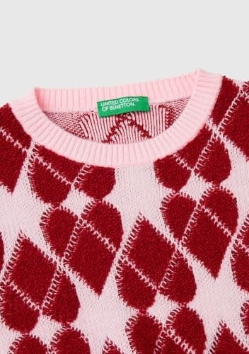 Benetton Kız Çocuk Açık Pembe Tamamı Desenli Jakarlı Bisiklet Yaka Kazak