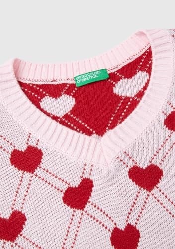 Benetton Kız Çocuk Açık Pembe Tamamı Kalp Desenli Kolsuz V Yaka Süveter