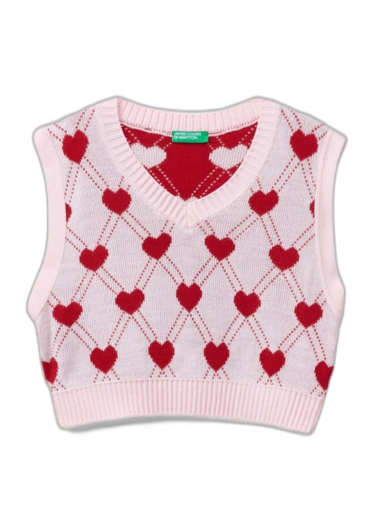Benetton Kız Çocuk Açık Pembe Tamamı Kalp Desenli Kolsuz V Yaka Süveter