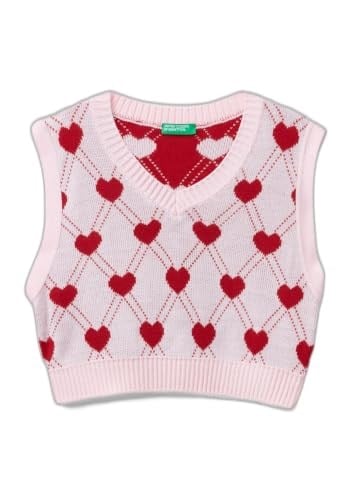 Benetton Kız Çocuk Açık Pembe Tamamı Kalp Desenli Kolsuz V Yaka Süveter