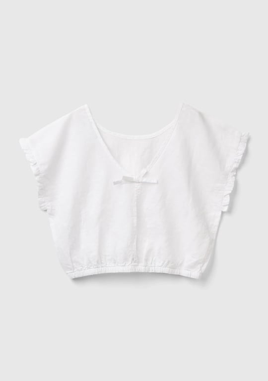 Benetton Kız Çocuk Beyaz Keten Karışımlı Bluz