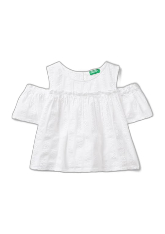 Benetton Kız Çocuk Beyaz Omzu Açık Lastik Detaylı Bisiklet Yaka Bluz