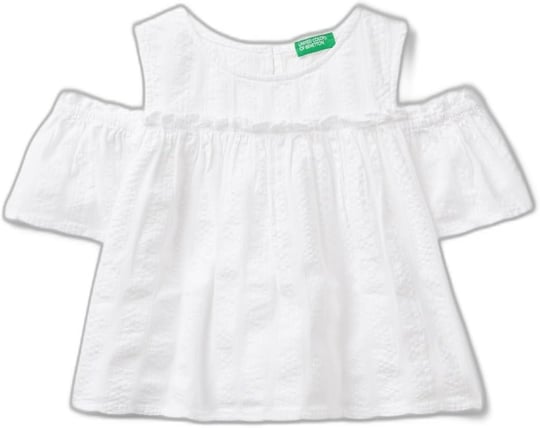 Benetton Kız Çocuk Beyaz Omzu Açık Lastik Detaylı Bisiklet Yaka Bluz