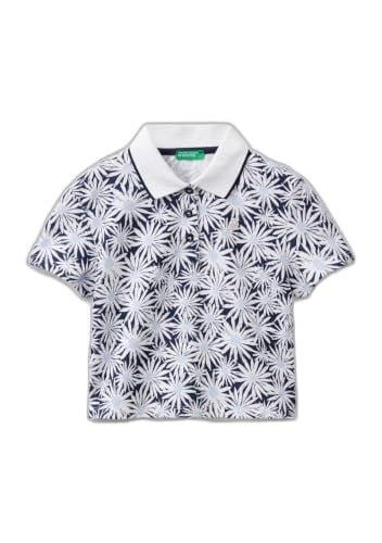 Benetton Kız Çocuk Lacivert-Beyaz Tamamı Desenli Parlak Logo İşlemeli Düğmeli Polo Yaka T-Shirt