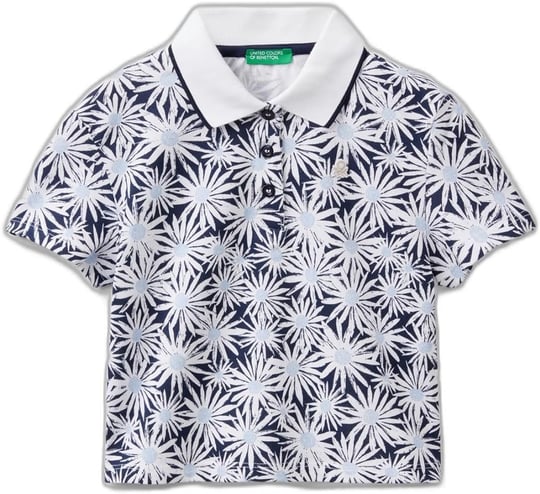 Benetton Kız Çocuk Lacivert-Beyaz Tamamı Desenli Parlak Logo İşlemeli Düğmeli Polo Yaka T-Shirt