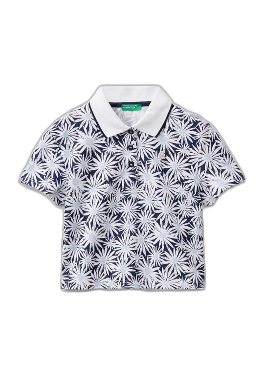 Benetton Kız Çocuk Lacivert-Beyaz Tamamı Desenli Parlak Logo İşlemeli Düğmeli Polo Yaka T-Shirt