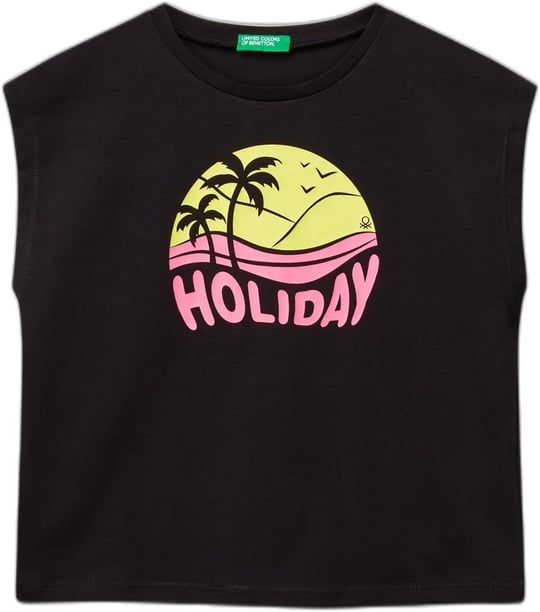 Benetton Kız Çocuk Sarı Grafik Baskılı Kısa Kollu T-Shirt