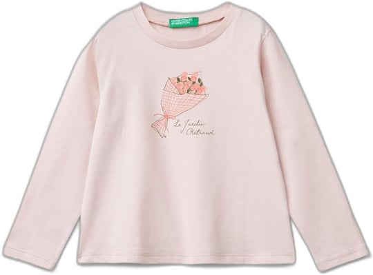 Benetton Kız Çocuk Toz Pembe Su Bazlı Parlak Baskılı Normal Kesim Uzun Kollu T-Shirt