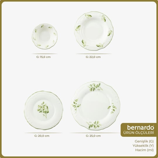 Bernardo Leaf Porselen 24 Parça 6 Kişilik Yemek Takımı Yeşil