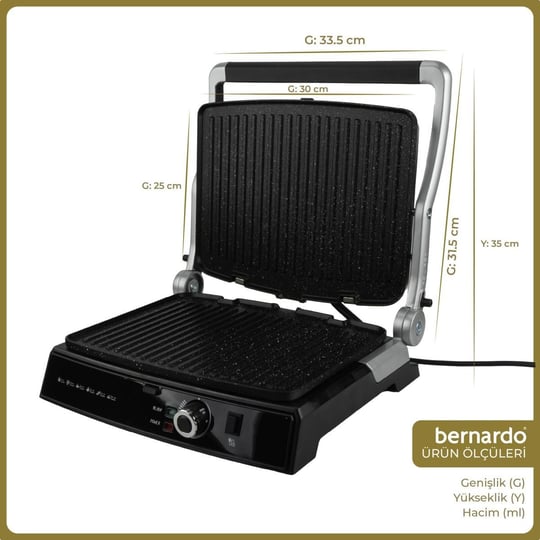 Bernardo Ruby 2000W 6 Dilim Kapasiteli Çıkarılabilir Plakalı Izgara ve Tost Makinesi Siyah