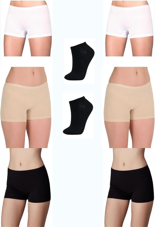 Berrak Kadın Renkli Likralı Boxer Şort, 6lı Paket, Siyah-Beyaz-Ten, XL Beden, 2 Çift Bambu Patik Çorap Hediyeli