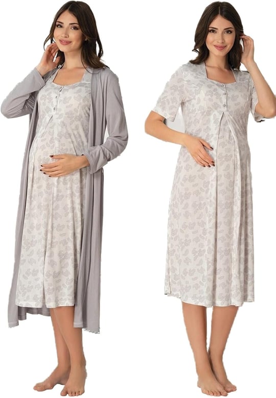 Bestin Kadın Gri Hamile Lohusa Sabahlıklı Gecelik Takım, XL, DS8015EF-89C0018316152