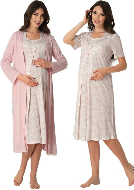 Bestin Kadın Pembe Hamile Lohusa Sabahlıklı Gecelik Takım, 2XL, DW8015EF-86D0018320553