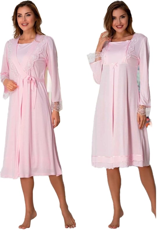 Bestin Kadın Pembe Sabahlıklı Hamile Lohusa Gecelik Takımı, 2XL, DT2055EF-869BST0007641