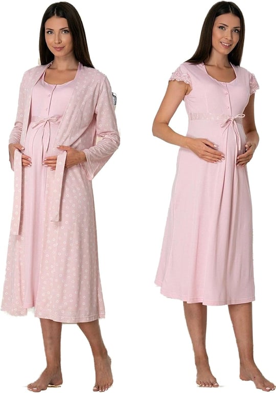 Bestin Kadın Pembe Sabahlıklı Hamile Lohusa Gecelik Takımı, XL, CT6015EF-89C0018314740