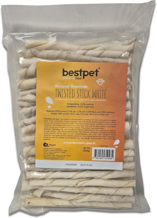 Bestpet Twisted Stick White,%100 Doğal Deri Beyaz Burgu Köpek Ödül Çubuğu 350 gr