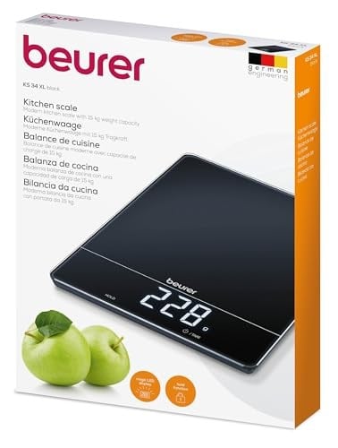 Beurer KS 34 mutfak terazisi, 15 kga kadar hassas tartımlar için, dara fonksiyonu ve Magic LED ekran ile