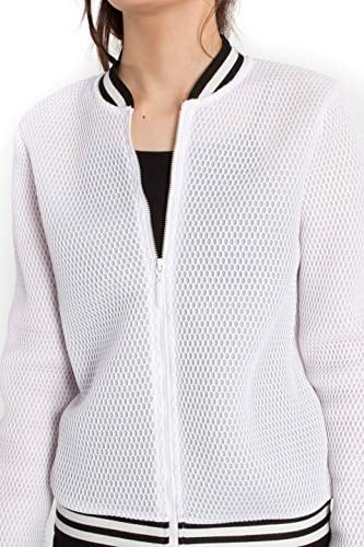 Bexy Amanda - File Detaylı Beyaz Spor Bomber Ceket | 160206-3 (Large)