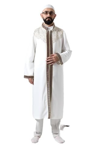Beyaz Hakim Yaka Erkek Namaz Elbisesi Bordo Şerit Nakış İşlemeli İmam Cübbesi