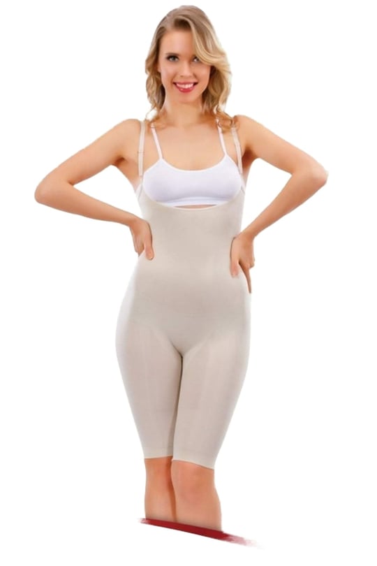 Beyaz Kadın Göğüsü Açık Uzun Paçalı Toparlayıcı Body Vücut Korse