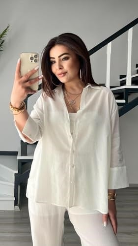 Beyaz Kendinden Dokulu Gömlek - Pantolon Takım