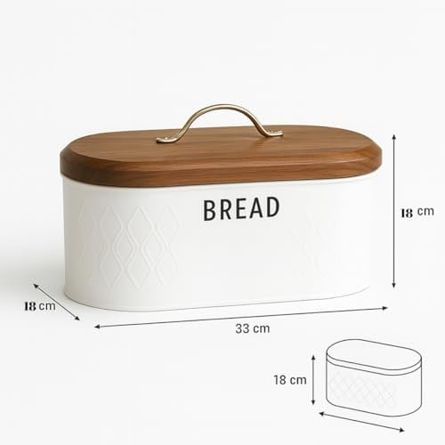 Beyaz Metal Ekmek Kutusu 33x18x18 cm | Ahşap Kapaklı Büyük Hacimli Ekmeklik | Gold Kulplu Modern Mutfak Depolama Kabı | Uzun Süre Taze Saklama